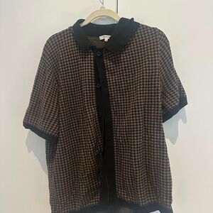 Madewell Houndstooth Short Sleeve Cardigan with Black Trim